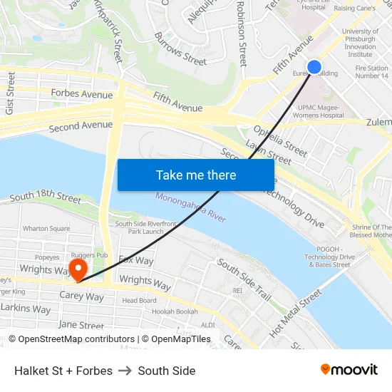 Halket St + Forbes to South Side map