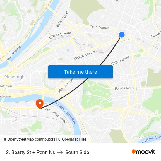 S. Beatty St + Penn Ns to South Side map
