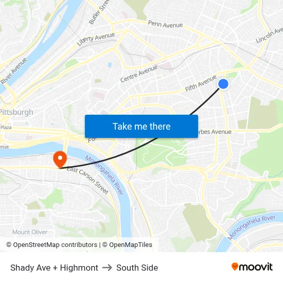 Shady Ave + Highmont to South Side map