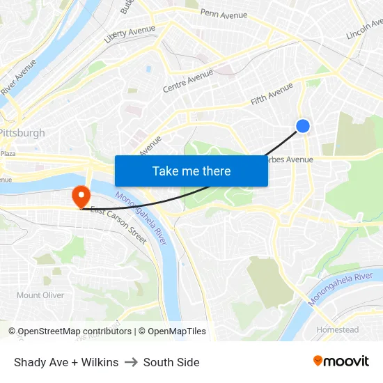 Shady Ave + Wilkins to South Side map