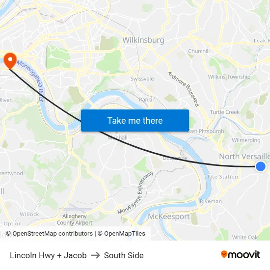 Lincoln Hwy + Jacob to South Side map