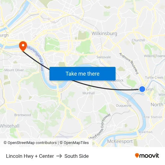 Lincoln Hwy + Center to South Side map