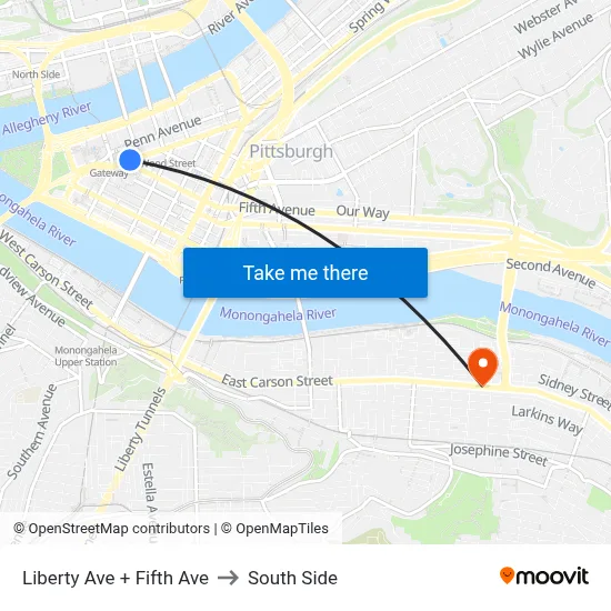 Liberty Ave + Fifth Ave to South Side map