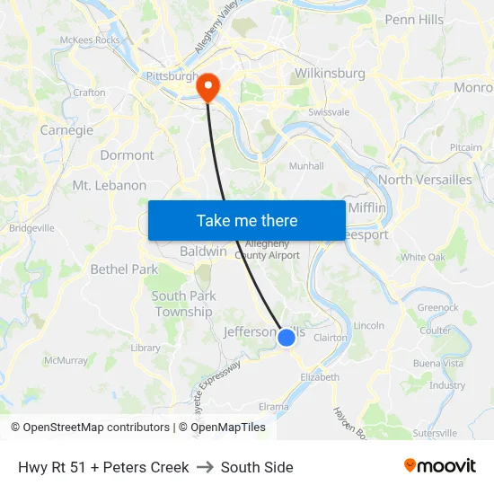 Hwy Rt 51 + Peters Creek to South Side map