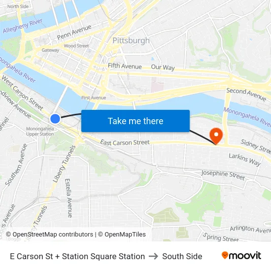 E Carson St + Station Square Station to South Side map