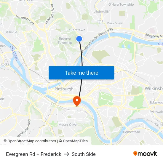 Evergreen Rd + Frederick to South Side map