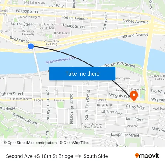 Second Ave +S 10th St Bridge to South Side map