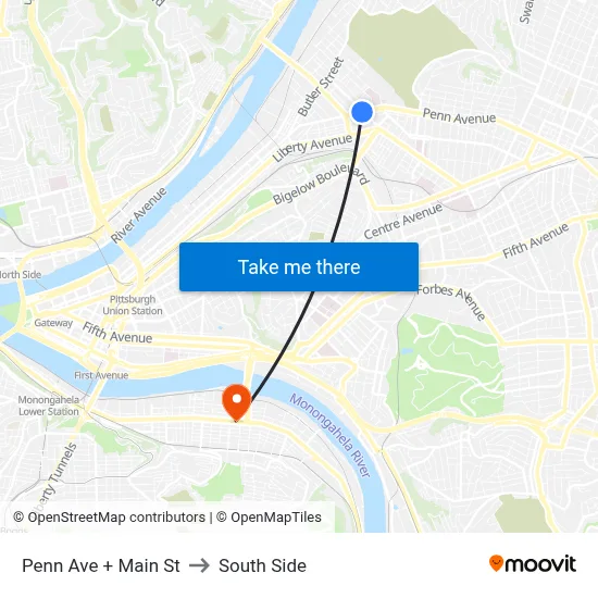 Penn Ave + Main St to South Side map