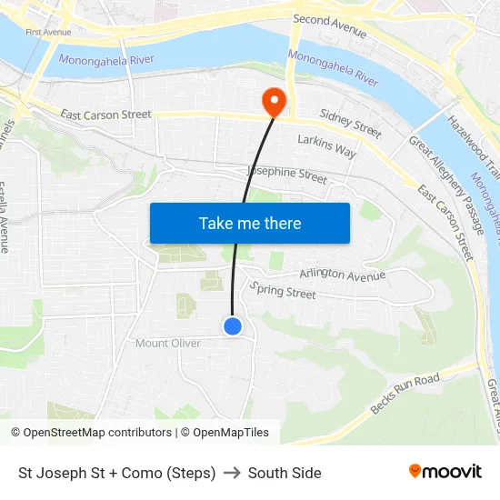 St Joseph St + Como (Steps) to South Side map