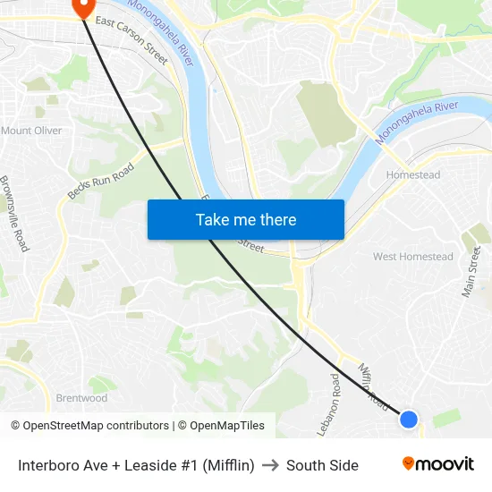 Interboro Ave + Leaside #1 (Mifflin) to South Side map