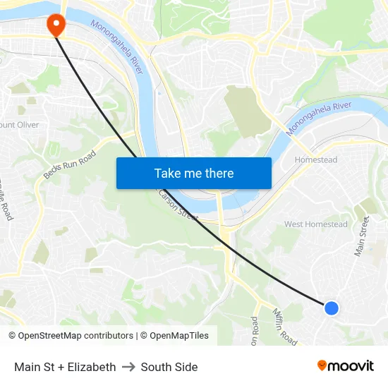 Main St + Elizabeth to South Side map