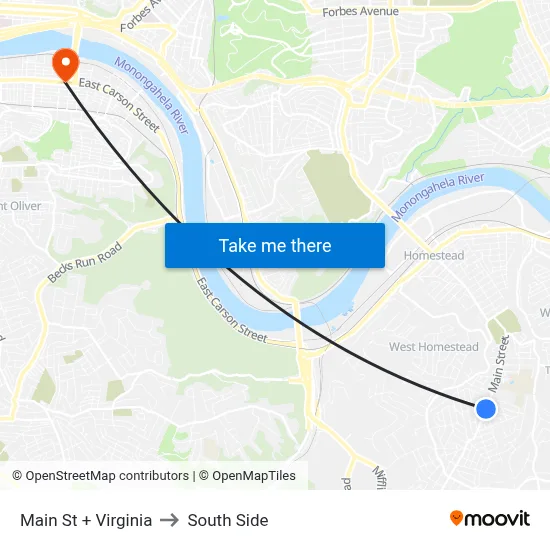 Main St + Virginia to South Side map