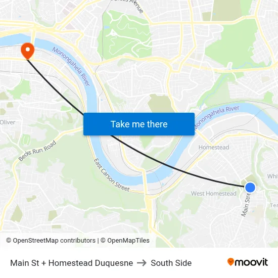 Main St + Homestead Duquesne to South Side map