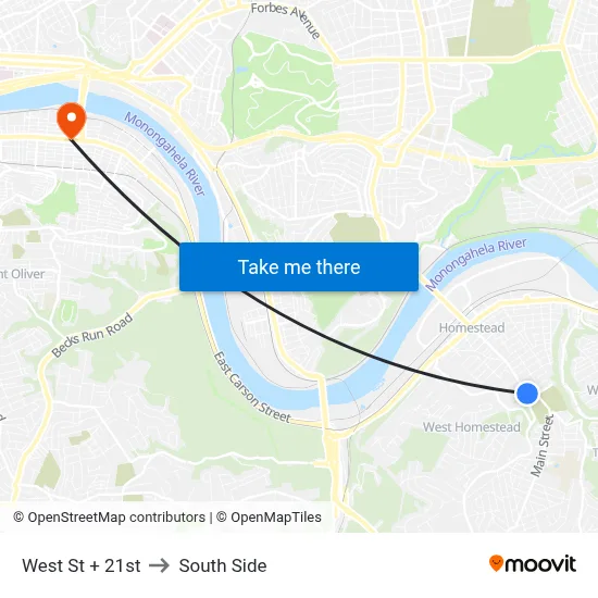 West St + 21st to South Side map