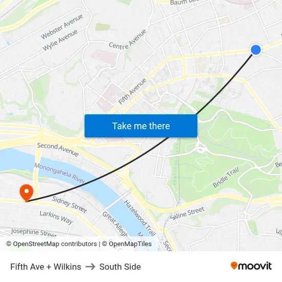 Fifth Ave + Wilkins to South Side map