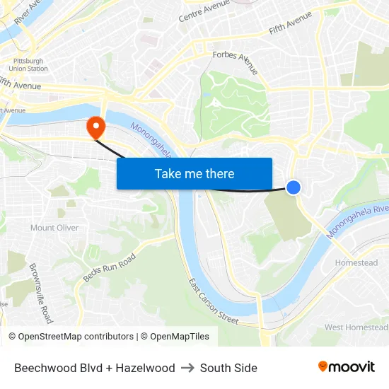 Beechwood Blvd + Hazelwood to South Side map
