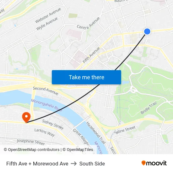 Fifth Ave + Morewood Ave to South Side map