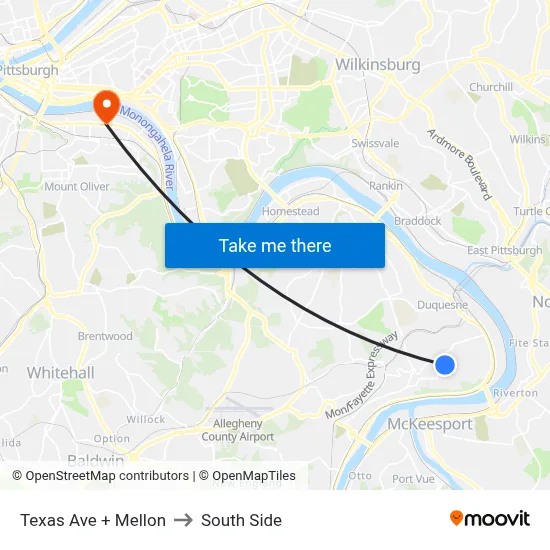 Texas Ave + Mellon to South Side map