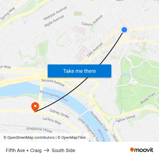 Fifth Ave + Craig to South Side map