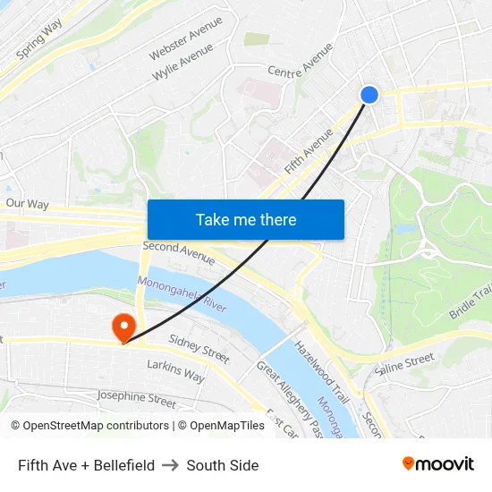 Fifth Ave + Bellefield to South Side map