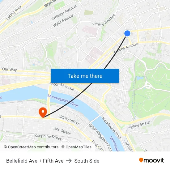 Bellefield Ave + Fifth Ave to South Side map