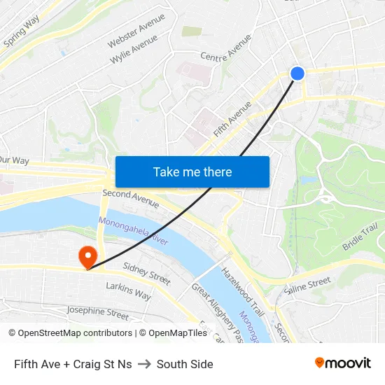 Fifth Ave + Craig St Ns to South Side map