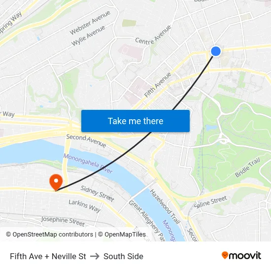 Fifth Ave + Neville St to South Side map