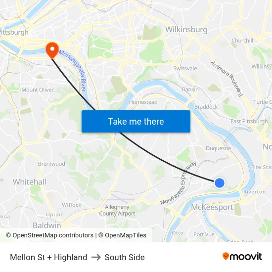 Mellon St + Highland to South Side map