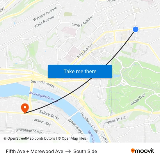 Fifth Ave + Morewood Ave to South Side map