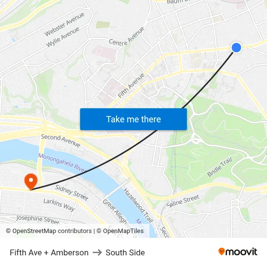 Fifth Ave + Amberson to South Side map