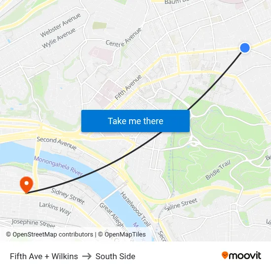 Fifth Ave + Wilkins to South Side map
