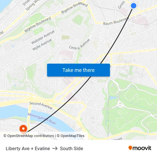 Liberty Ave + Evaline to South Side map