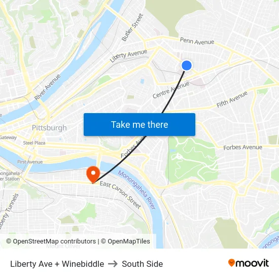 Liberty Ave + Winebiddle to South Side map
