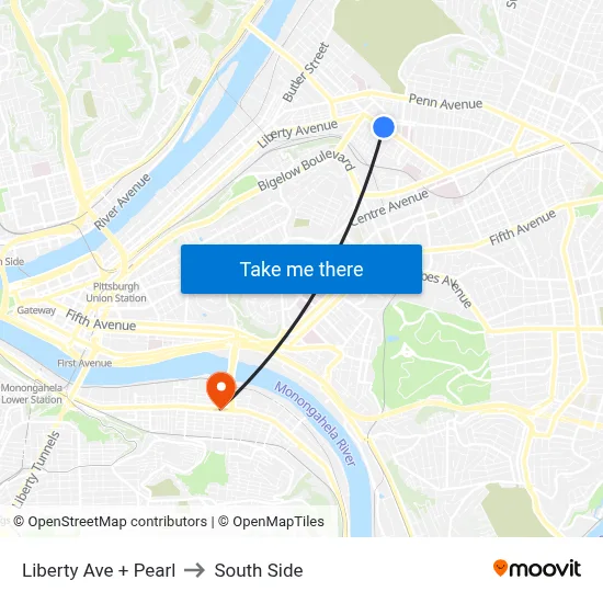 Liberty Ave + Pearl to South Side map
