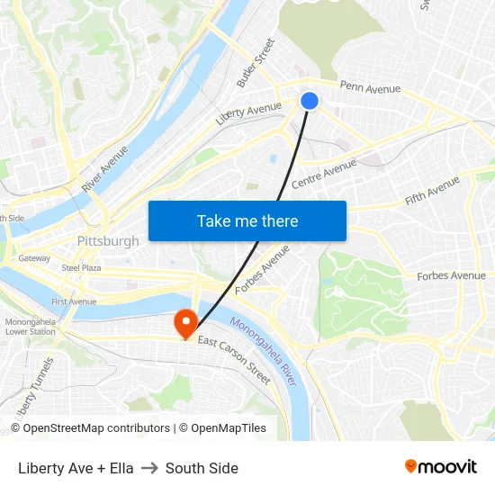 Liberty Ave + Ella to South Side map