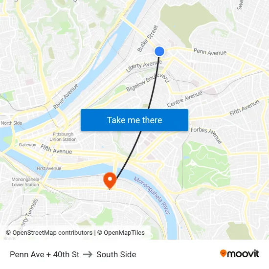 Penn Ave + 40th St to South Side map