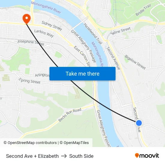 Second Ave + Elizabeth to South Side map