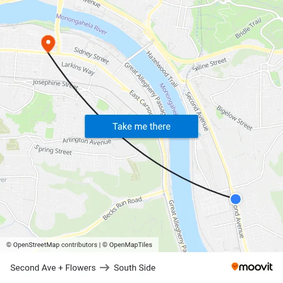 Second Ave + Flowers to South Side map