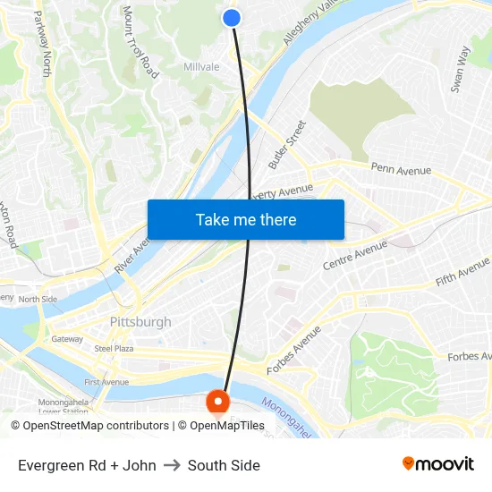 Evergreen Rd + John to South Side map