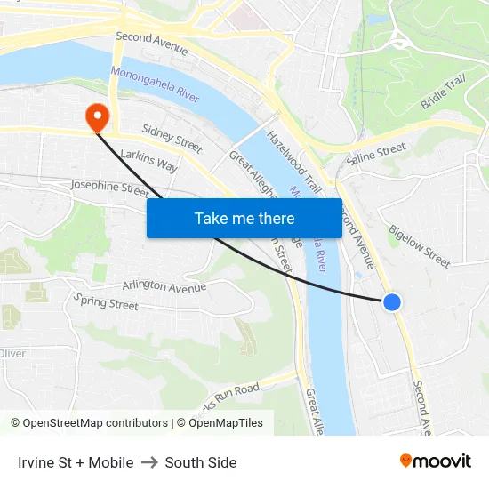 Irvine St + Mobile to South Side map