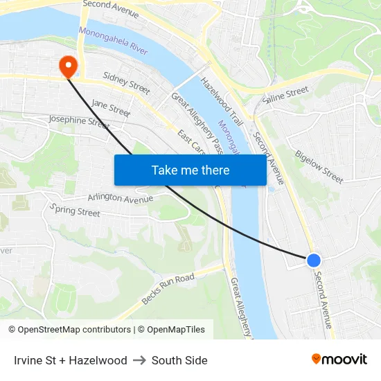 Irvine St + Hazelwood to South Side map