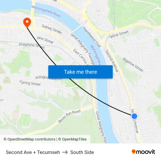 Second Ave + Tecumseh to South Side map
