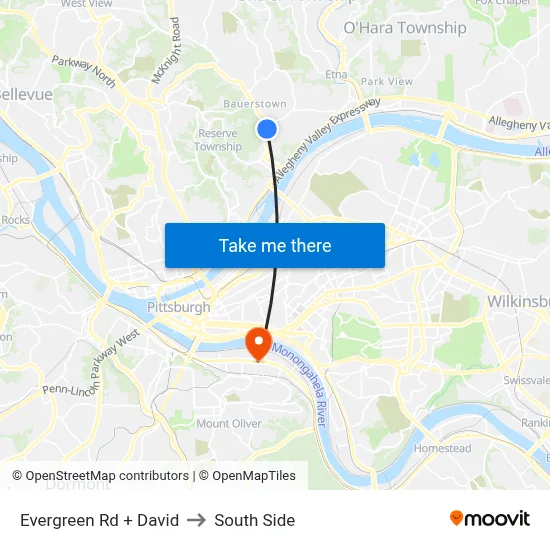 Evergreen Rd + David to South Side map