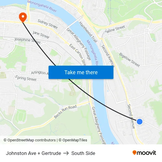 Johnston Ave + Gertrude to South Side map