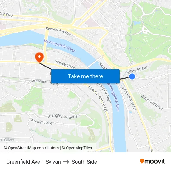 Greenfield Ave + Sylvan to South Side map