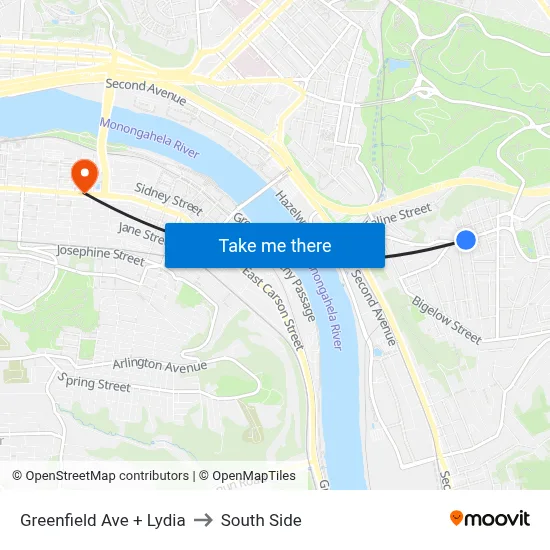 Greenfield Ave + Lydia to South Side map