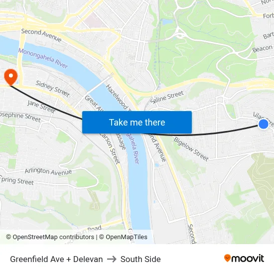 Greenfield Ave + Delevan to South Side map