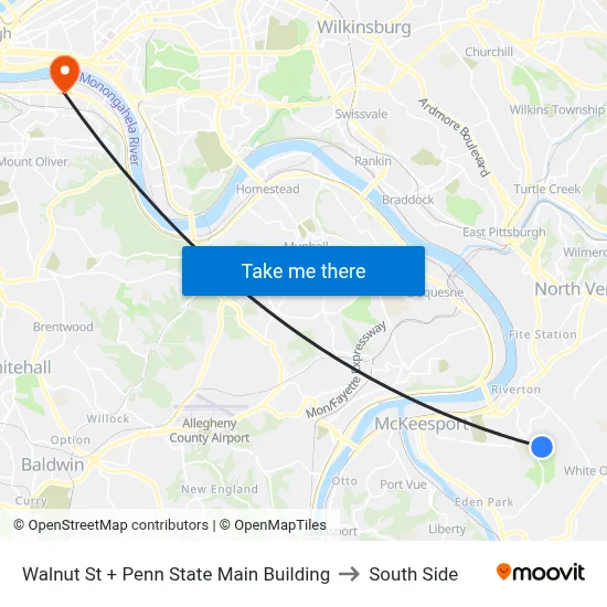 Walnut St + Penn State Main Building to South Side map