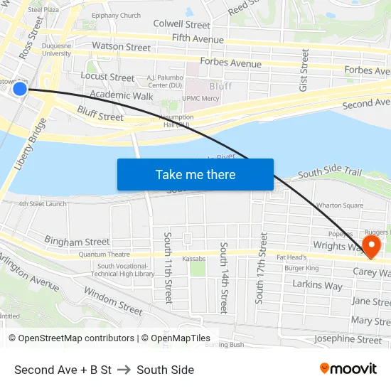 Second Ave + B St to South Side map