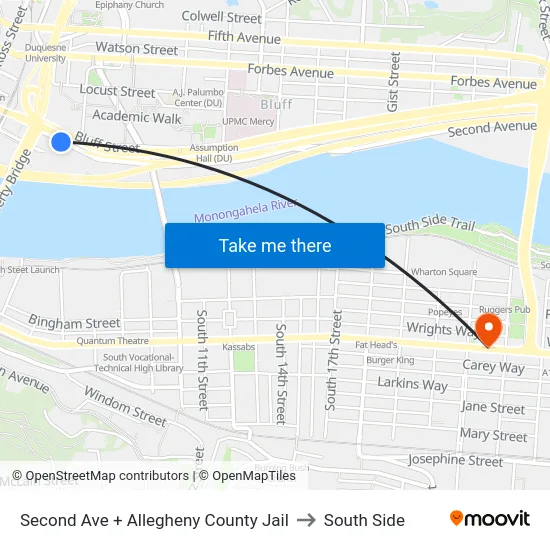 Second Ave + Allegheny County Jail to South Side map